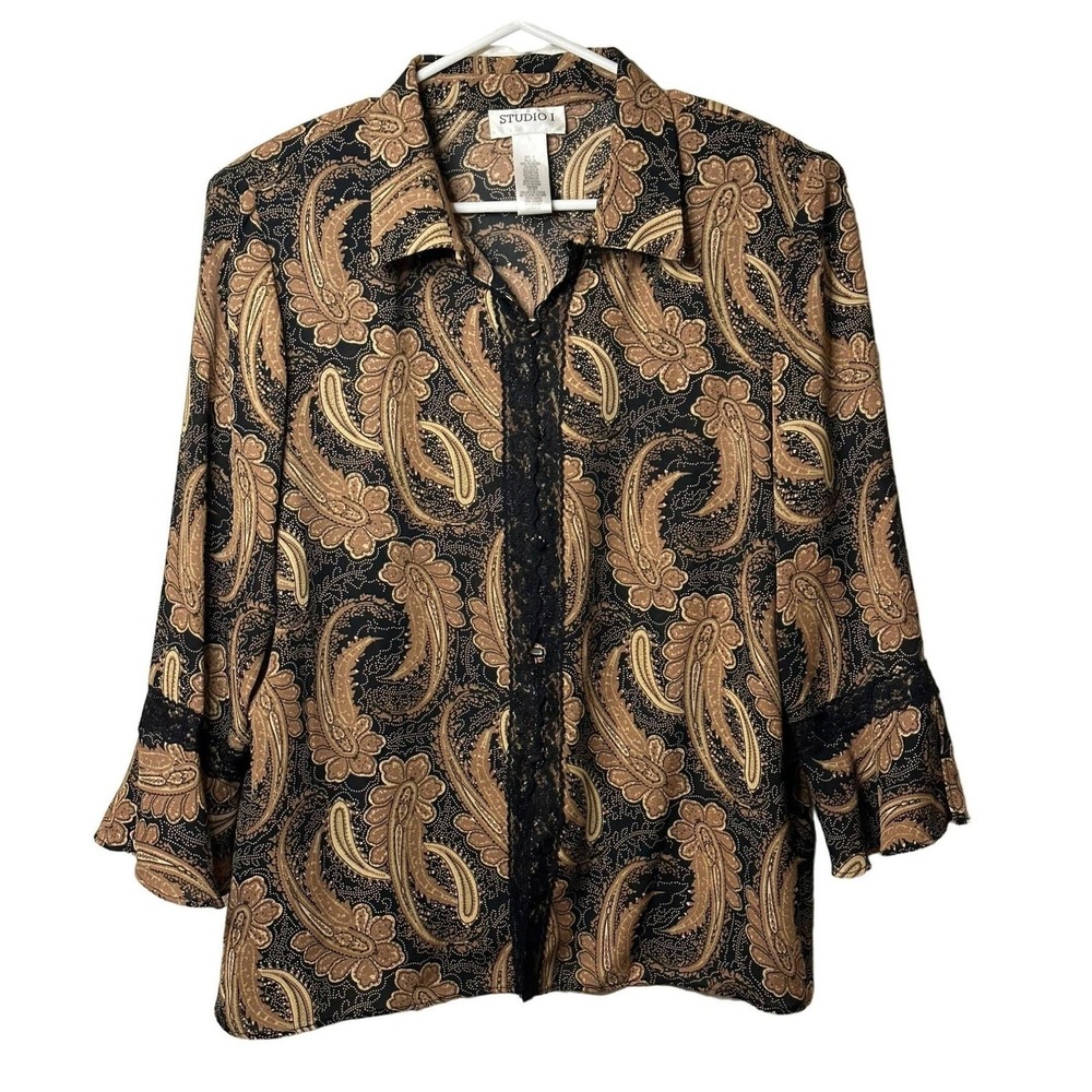 VTG Studio Moore Paisley Lace Button Blouse Women's 14 Black Brown Eclectic BOHO
